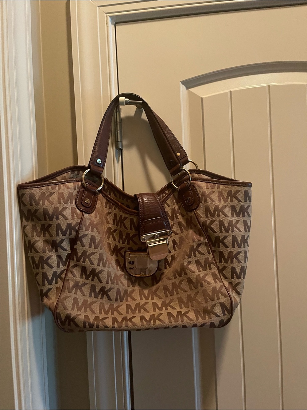Michael Kors Tan and Brown MK Logo Tote with Front Lock